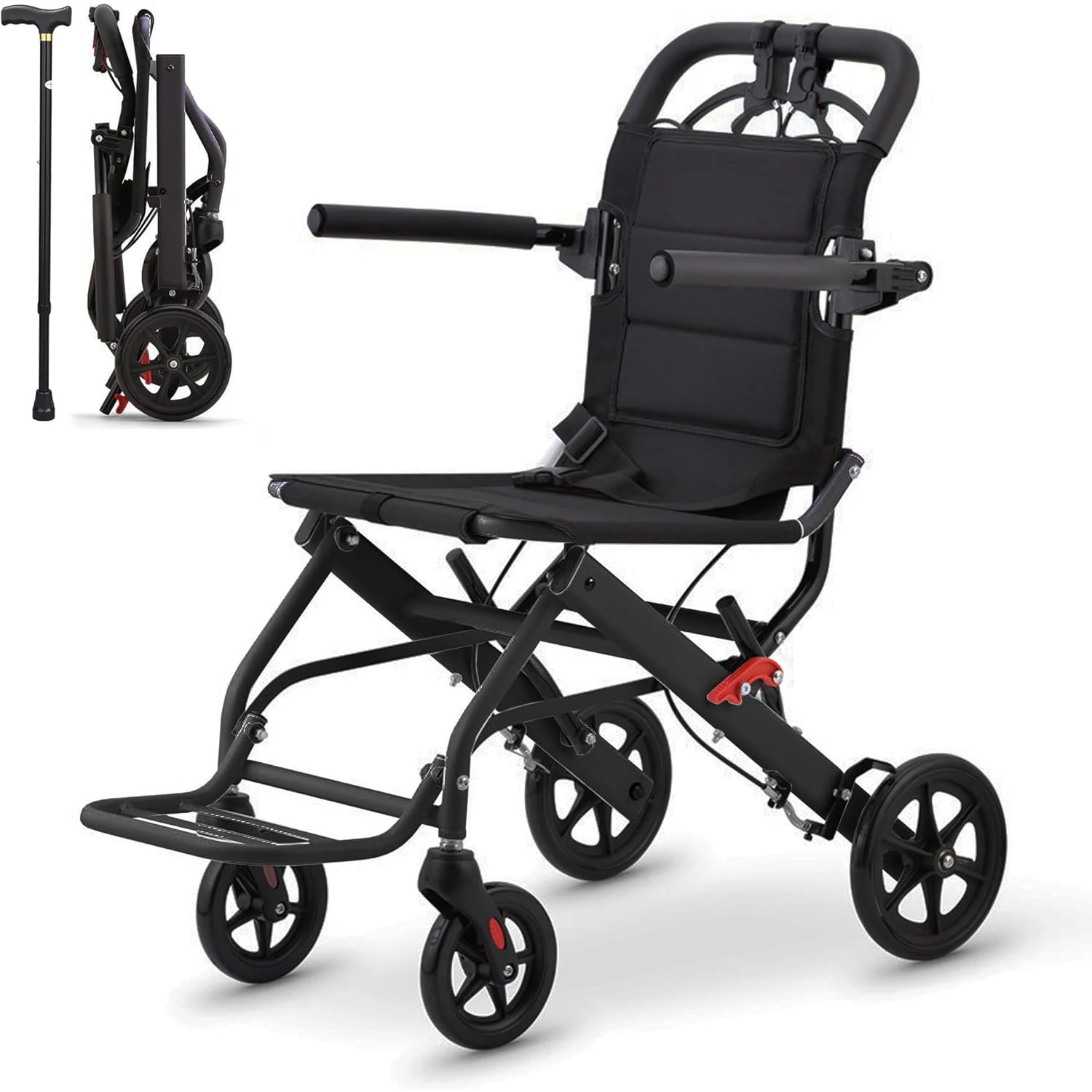 車椅子 折畳み 介助型 自立できる 軽量 コンパクト 車椅子 ノーパンクタイヤ 折りたたみ 収納可能 超軽量 コンパクト 安全ベルトつき 背面ポケット ブラック つえ付き