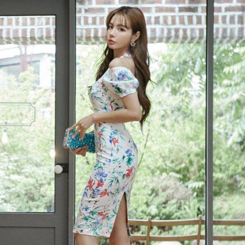 キャバドレス ナイトドレス ミディアムドレス オフショルダー ハイウエスト ホルターネック ワンピース 半袖 ボタニカル レディース グラシア