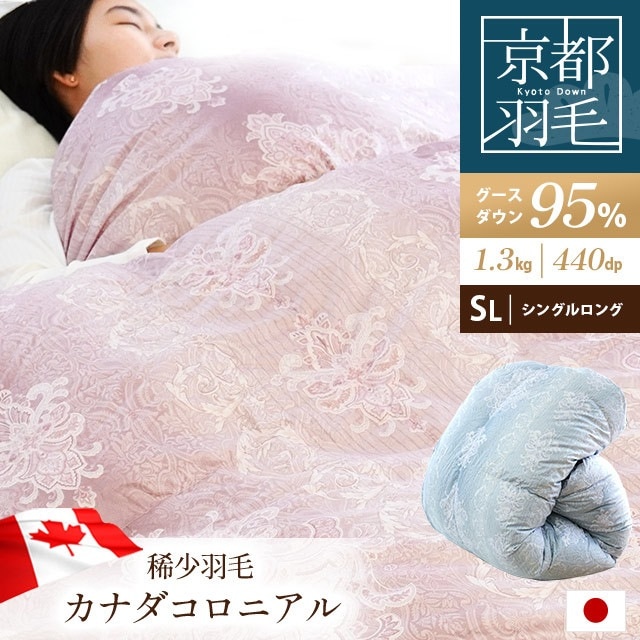 当店限定品 羽毛布団 シングルロング マザーグースダウン95% 150X210cm 3年保証 京都職人の羽毛布団 増量1.3kg 440dp以上 日本製 京都羽毛 「松」 カナダ 3SA-1280 こ