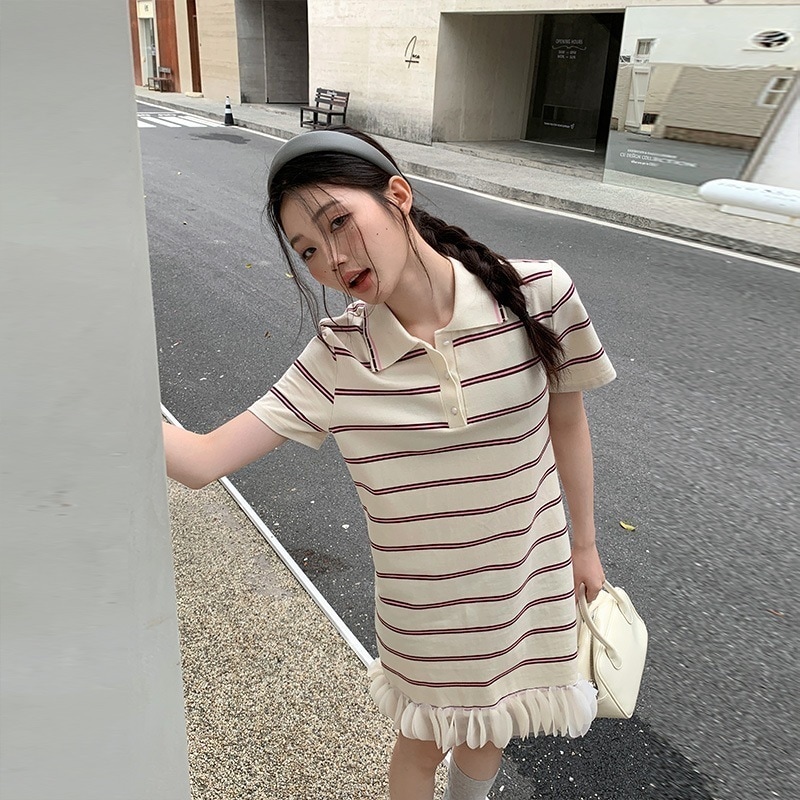 Hot!!!ファッションスプライシングレースストライプ半袖ドレス夏女性ミディロング