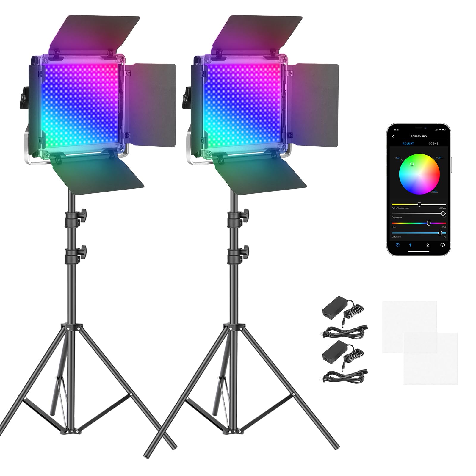 NEEWER 2パック660 PRO RGB LEDビデオライトとスタンドキット APP制御 50W 360フルカラー 高輝度 CRI97+ 3200K-5600K 二色 調光可能 9種類照明効果