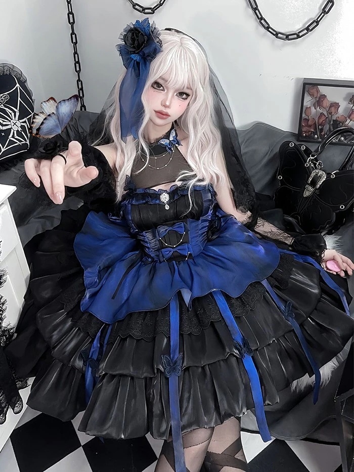 ワンピース ロリータ ブラック×ブルー ハロウィン プリンセス S-XL おしゃれ コスプレ パーティー プレゼント レディース コスム