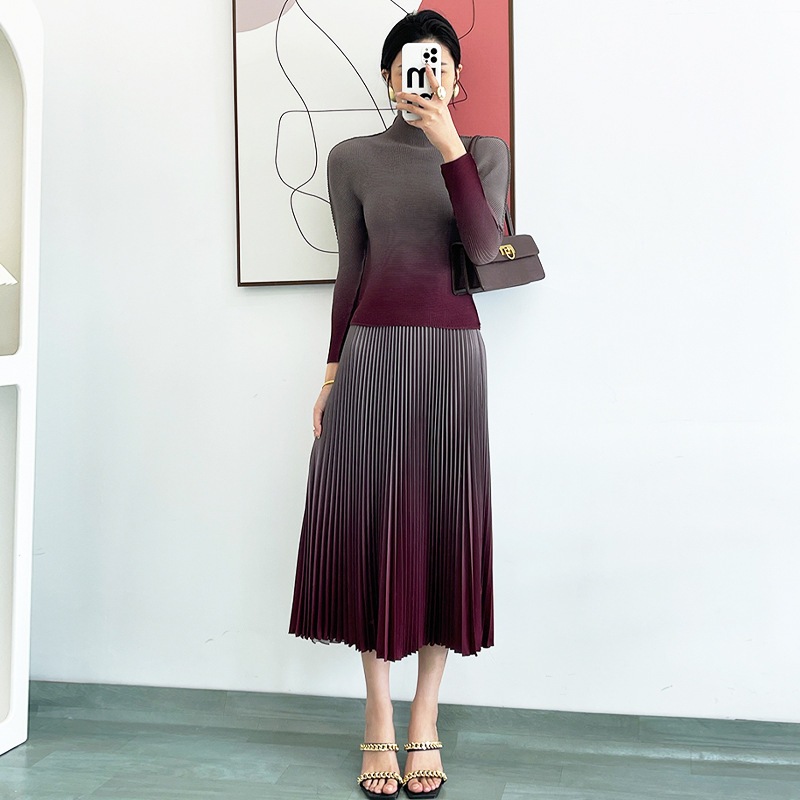 プリーツ長袖シャツセット レディース 春 細身 トップス ハイウエスト プリーツスカート 2点セット