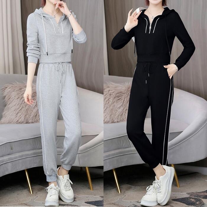 セットアップ 2点セット トップス パンツ パーカー スウェット レディース 長袖 ロングパンツ カジュアル ジャージ スポーティ フード スリム かっこいい リラックス グレー ブラック 黒 春 秋