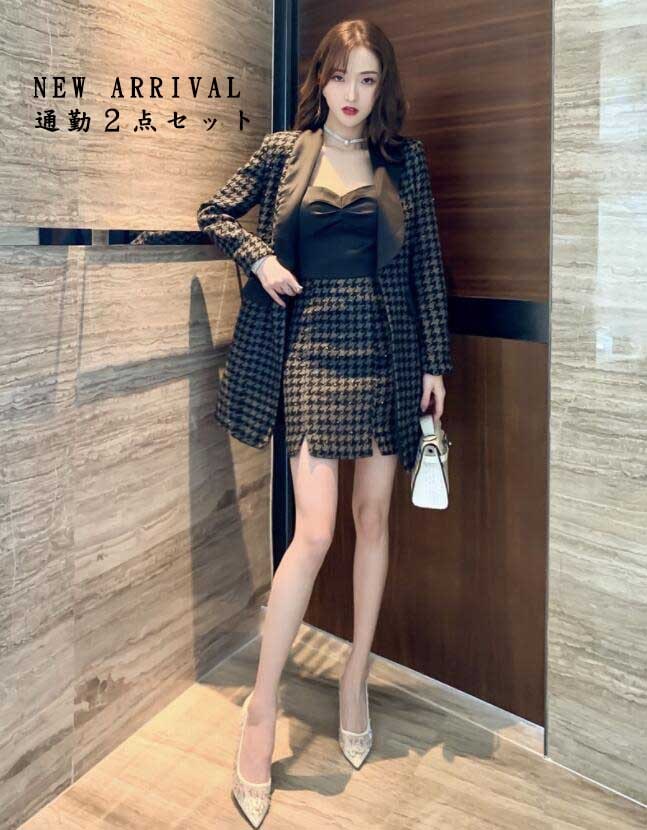 人気新作 高級感 上品 キレイめ 通勤 ビジネス レディース ２点セット ジャケット＋ワンピース ワンピーススーツ チェック柄 キャミソール 新作 秋冬 着痩せ ロングスリーブ カジュアル 宴会 パー
