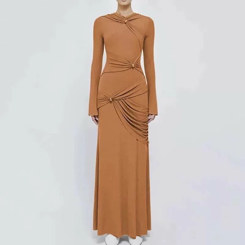 ドレス パーティードレス タイトドレス カクテルドレス イブニングドレス 長袖 ロング丈 プリーツ ハイウエスト スリム 細身 きれいめ 大人 上品 お洒落 かっこいい レトロ 大人女子 こなれ感 ク