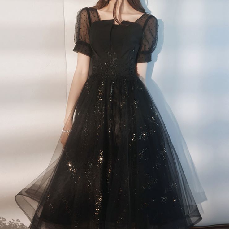 シースルードットパフスリーブワンピース パーティードレス 結婚式 ワンピース フォーマル 披露宴 卒業式 入学式 発表会 二次会 20代 30代 40代 大人