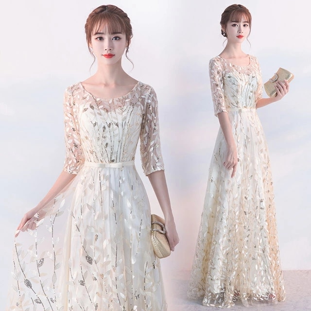 数量限定品シャンパン色 ロングドレス Aライン 7分袖 発表会ドレス スパンコール イブニングドレス 袖あり パーティードレス シンプル 優雅 エレガント ミモレ丈ドレス 前短後長ドレス 3タイプ 二 4,746円