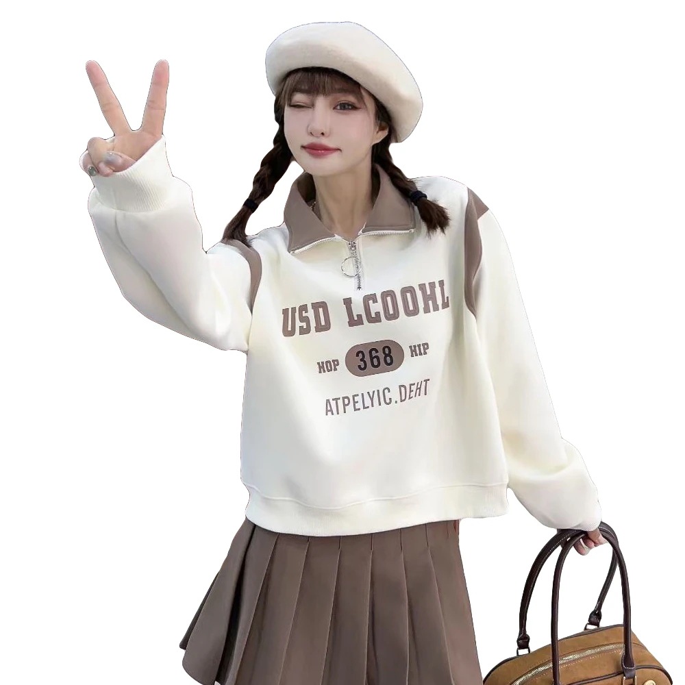 [最安値挑戦]！秋 春 カジュアル 学生 Tシャツ 長袖 トップス パーカー スウェットシャツ ショート丈 オーバーサイズ 配色 薄手 レディース ファスナー襟付きトレーナー