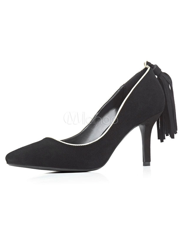 女性のための黒のタッセルシープスキンスエードポインテッドトゥハイヒール