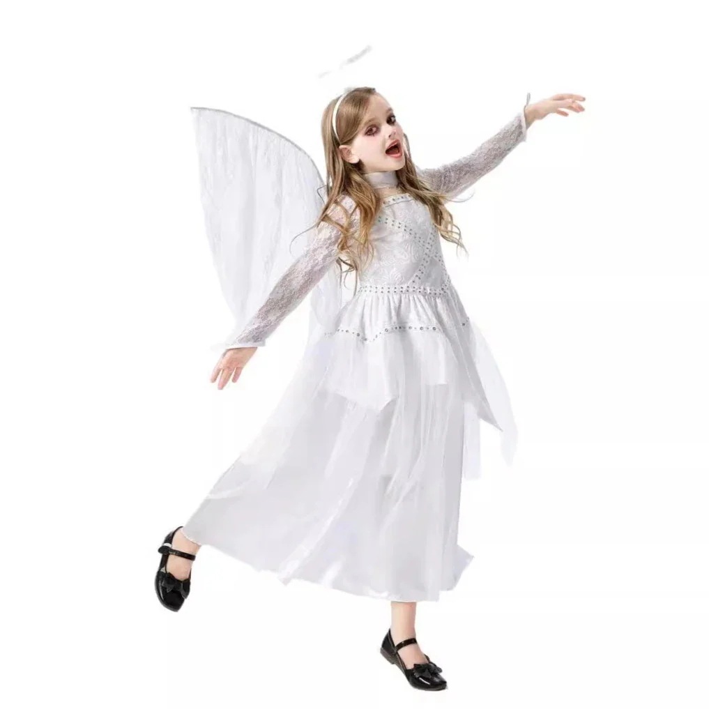 高級ハロウィン子供コスチューム白天使悪魔ガールコスキャットウォーク子供服ステージパフォーマンスドレス