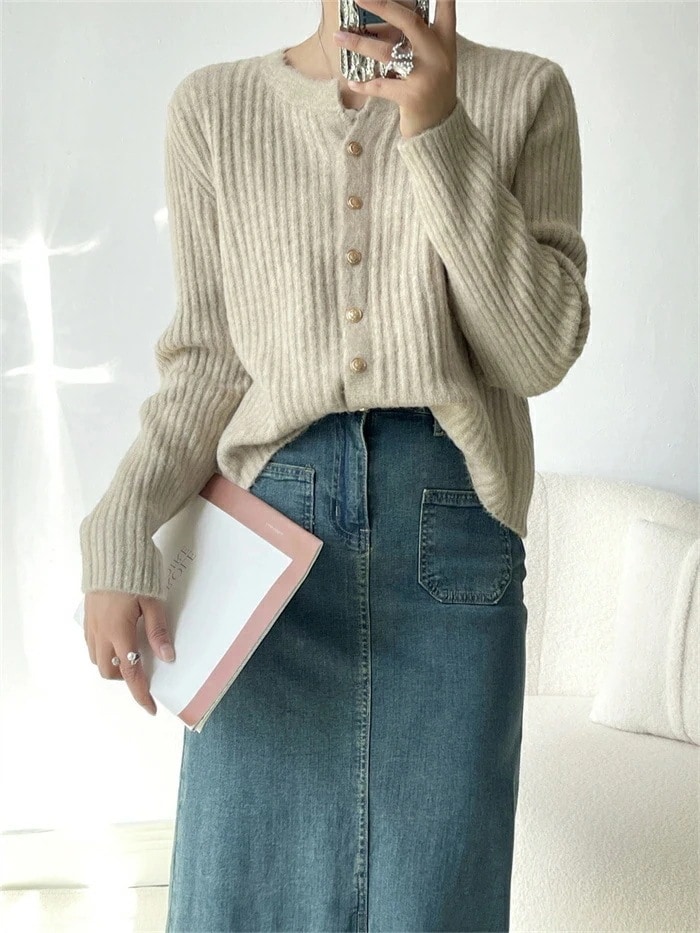 ニットカーディガンセーターカットソーレディースニットカーディガン秋冬長袖ニットセータートップスクルーネック丸首前開き羽織無地アウターカジュアルおしゃれきれいめ着瘦
