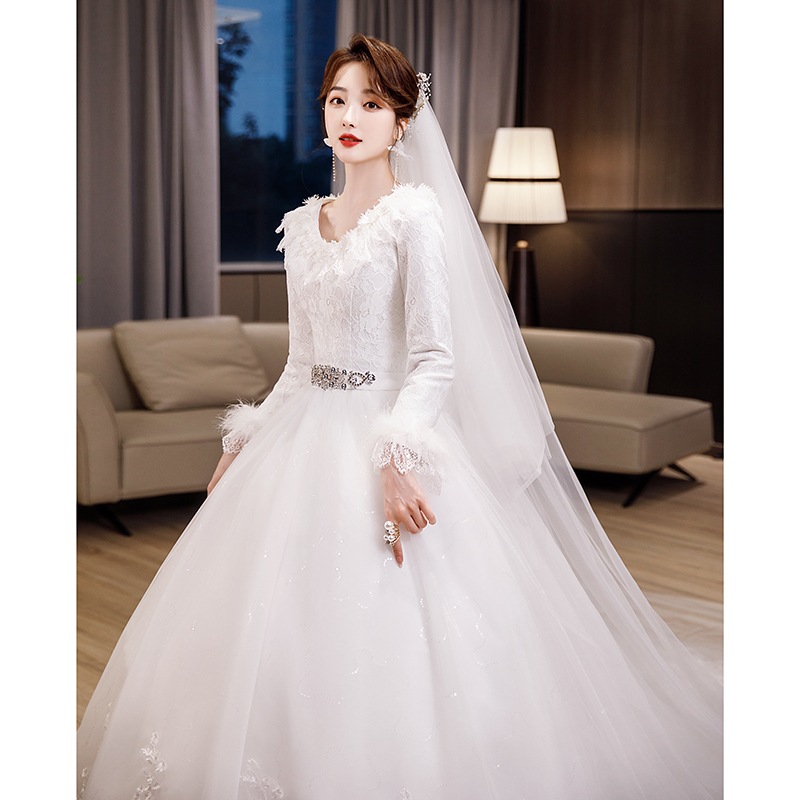 ウェディング花嫁 2025 冬 新作 長袖 メイン ガーゼ ドレス プリンセス 小 感 とろみ お出かけ ガーゼ