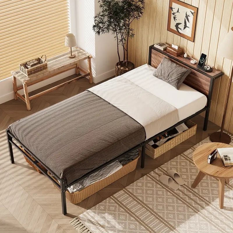 ベッドサイドボードのベッドフレームを持って二重のコンセントの設計板条式のベッドシングルベッドスチールのベッド物を貯蔵する機能があってベッドの下に貯蔵して一人で居住することに適用して収容 7,339円