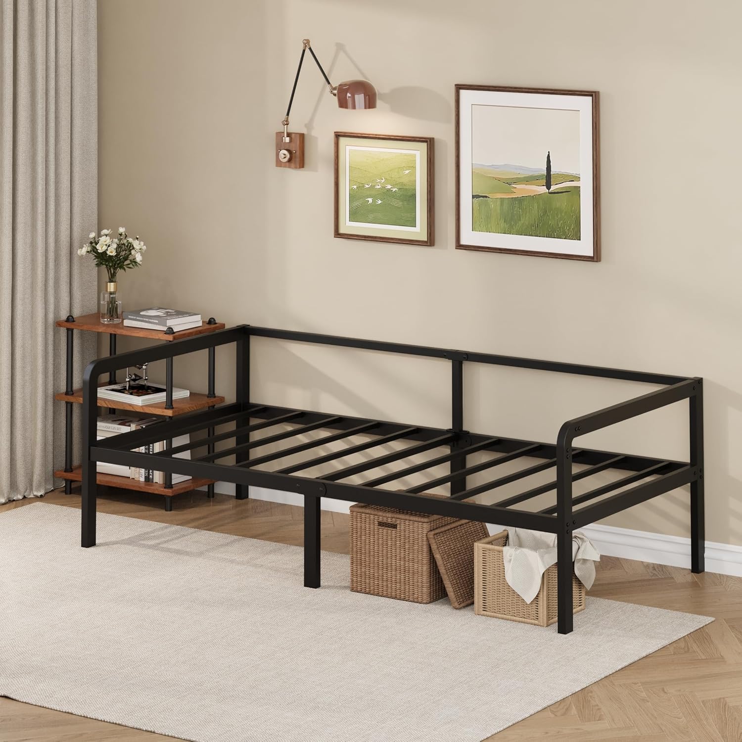 デイベッド リビング シングル ベッドフレーム スチール お昼寝 パイプ 通気性 安定感 下収納 組み立て簡単 一人暮らし おしゃれ ブラック