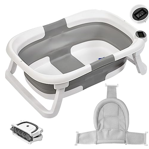 Little Bean ベビーバス 折りたたみ式 湯温計付き 赤ちゃん 子供用風呂 0～6歳 バスネット付き 収納容易 省スペース 赤ちゃんに優しいPP素材 滑り止め設計 お風呂 ベビー用浴槽 (グレ