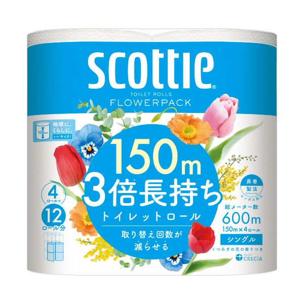 （まとめ） 日本製紙クレシアスコッティ フラワーパック 3倍長持ち シングル 芯あり 150m 香り付き 1パック（4ロール） (×10セット)