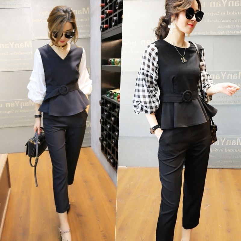 セットアップ ブラウス クロップドパンツ 7分丈 ミディアム丈 半端丈 クロップド 7分袖 七分袖 ボリューム袖 パフスリーブ Vネック Uネック スリム ペプラム 切り替えデザイン ハイウエスト