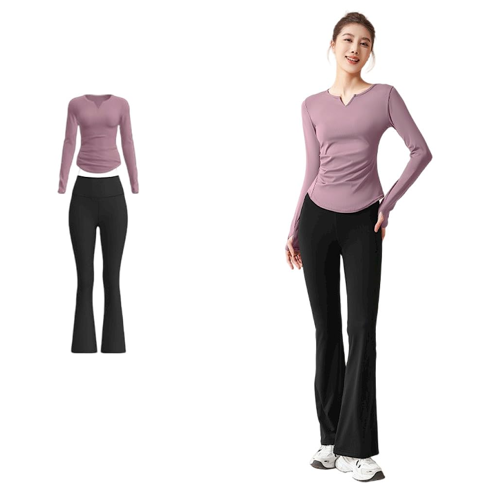 [Karsaer] ヨガウェア 上下セット レディース ピラティスウェア 長袖 スリムフィット フレアヨガパンツ お腹引き締め ヨガウェア おしゃれ 通気·伸縮性 吸汗速乾 トレーニングウェア レディ