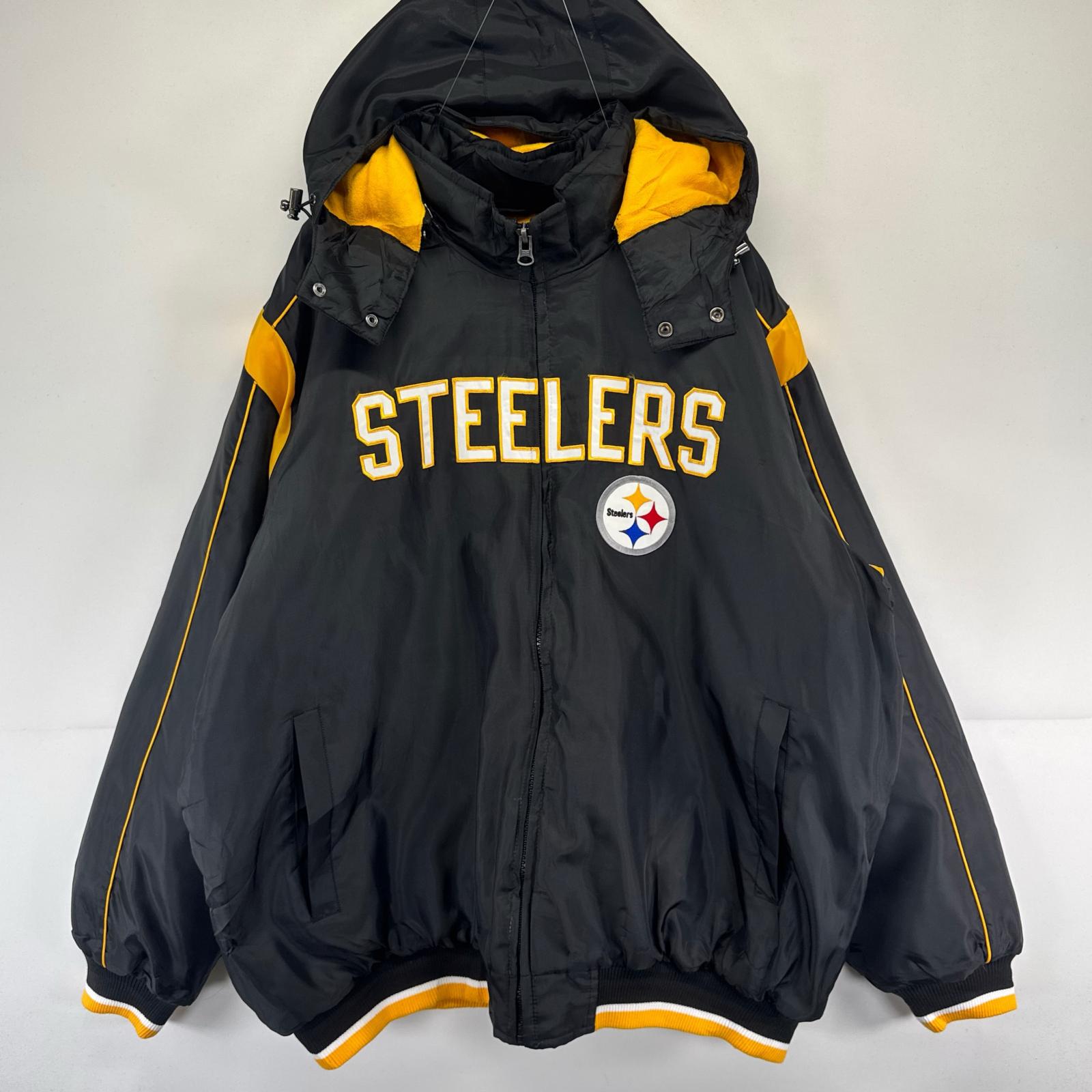 古着 エヌエフエル NFL パーカー フルジップ ナイロン パーカー NFLチームロゴ スティーラーズ ブラック系 バックプリント メンズ