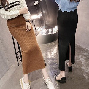 秋冬の厚手のレディースニットバッグヒップウールスカートの韓国版スプリットワンステップロングスカート