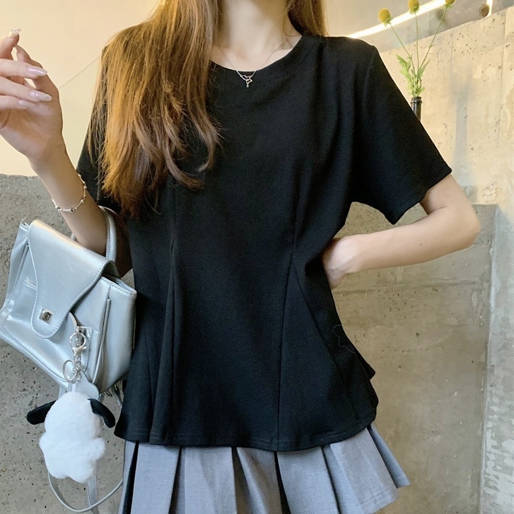 トップス Tシャツ カットソー プルオーバー 半袖 ラウンドネック ペプラム ミディアム丈 かわいい 大人可愛い きれいめ シンプル 上品 おしゃれ かっこいい カジュアル レトロ こなれ感 個性的