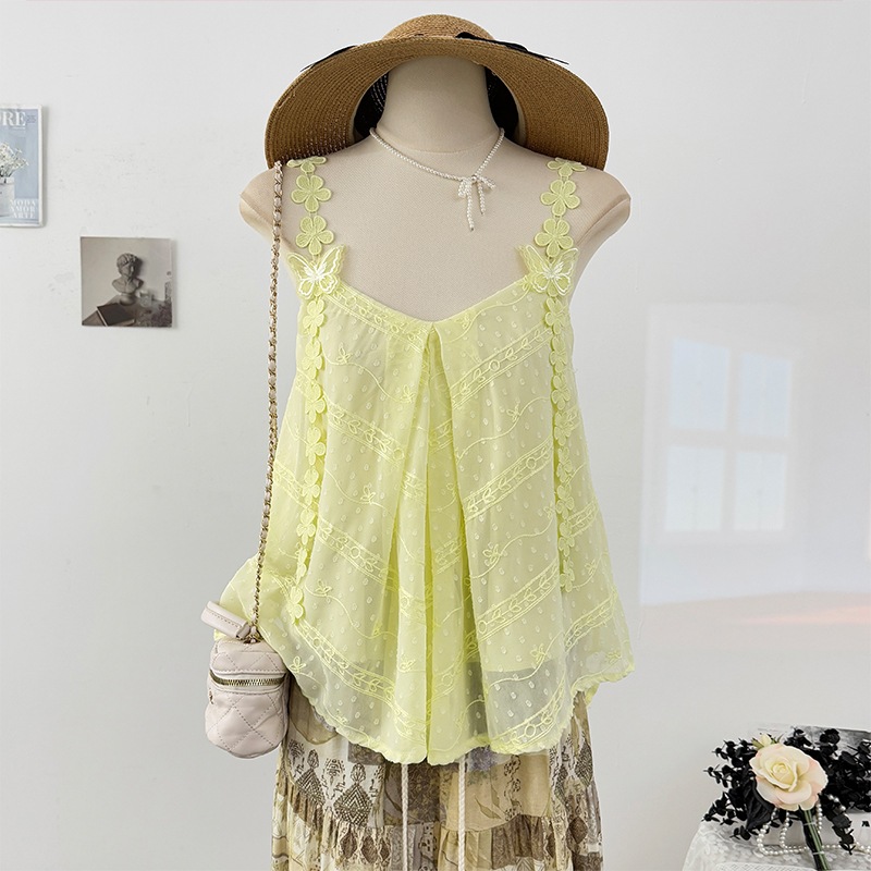 【1点ご購入 で10点プレゼントいたします】海辺のリゾート風刺繍ジャカードキャミソール女性夏2025洋風減齢プリーツゆったりトップ