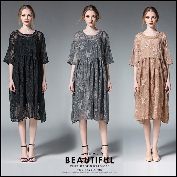 大きいサイズ パーティー 結婚式 二次会 花柄刺繍 ゆったり ワンピース フレア