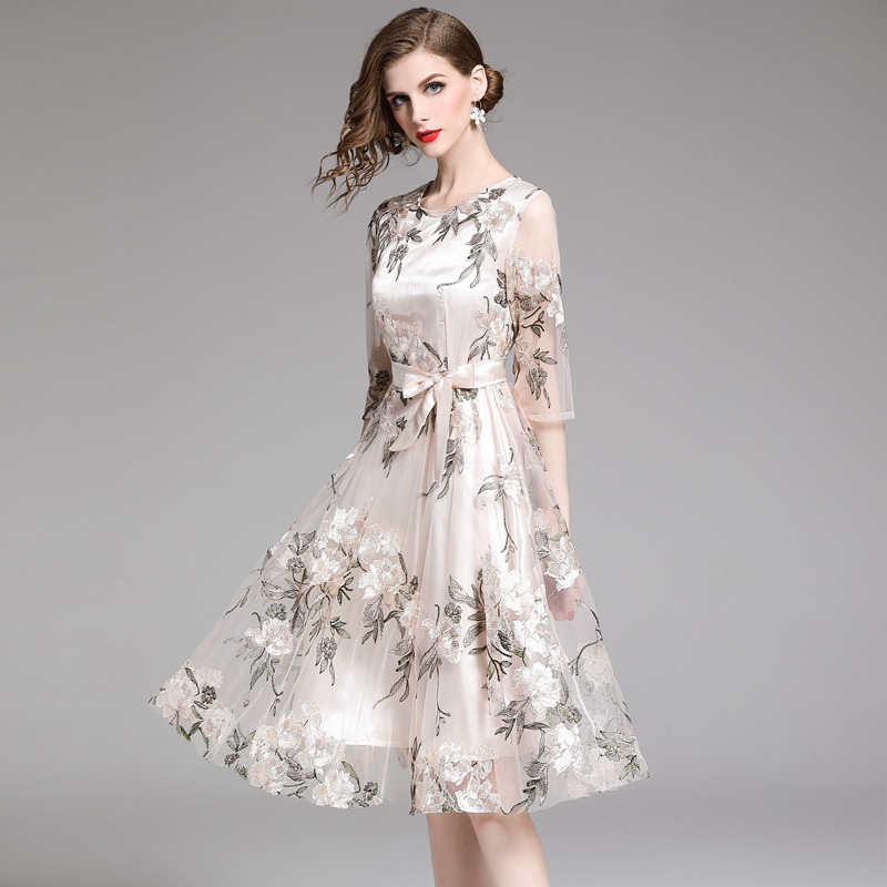 ドレス ワンピース パーティードレス パーティドレス 二次会ドレス 膝丈ドレス Aラインドレス ワンピースドレス ワンピドレス 膝丈 ひざ丈 7分袖 七分袖 ラウンドネック Aライン フレア 刺繍