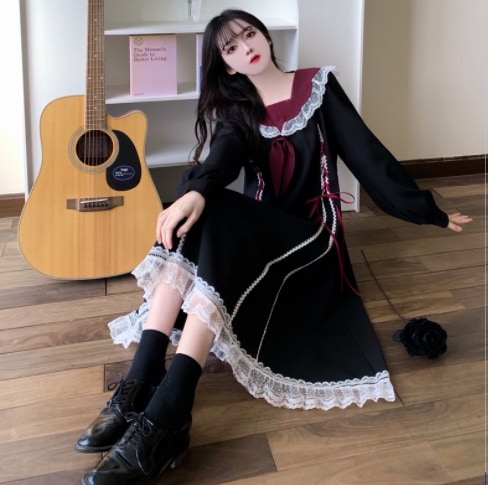 レースワンピース ブラック ワンピース ロング スリム 細身 ストレート スマート かわいい