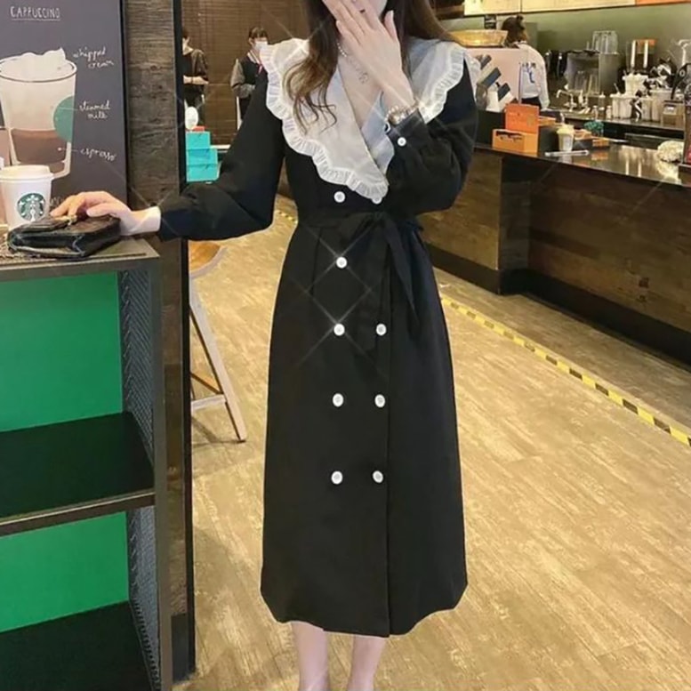 レディース ワンピース フリル ビッグカラー ハイウエスト ダブルボタン ひざ下丈 ロング ドレス Vネック 襟付き 長袖 ウエストリボン スリム 配色 黒 ブラック ワンピドレス 大人可愛い