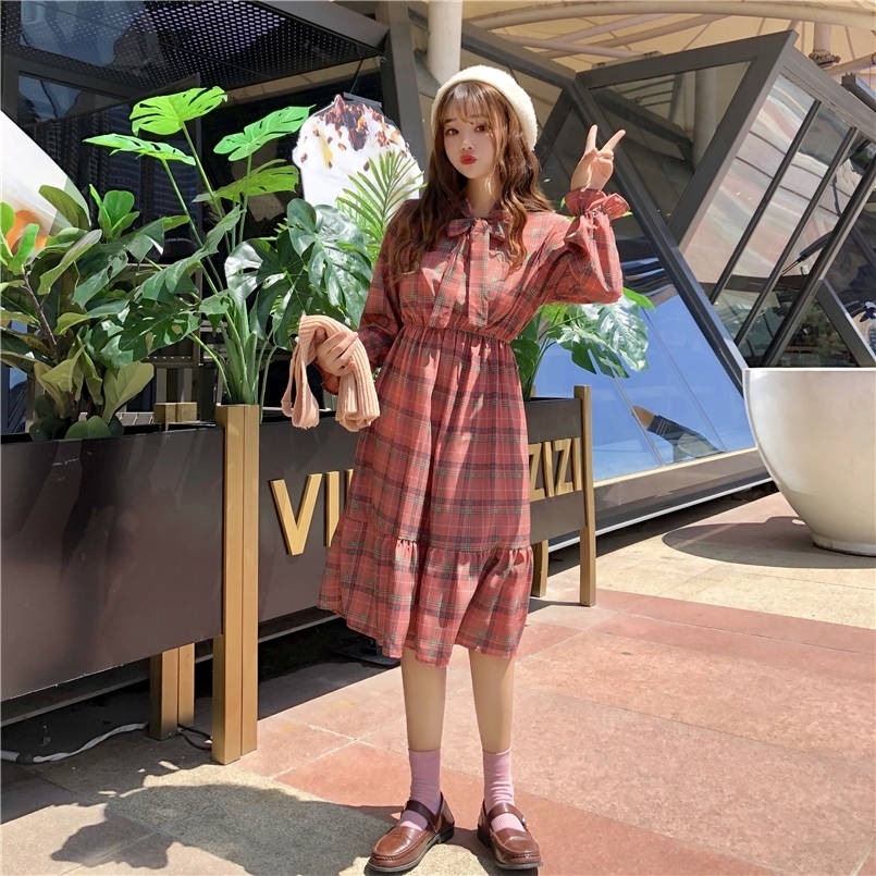 チェック柄ワンピース ピンク ワンピース スリム 細身 ストレート スマート かわいい きれいめ