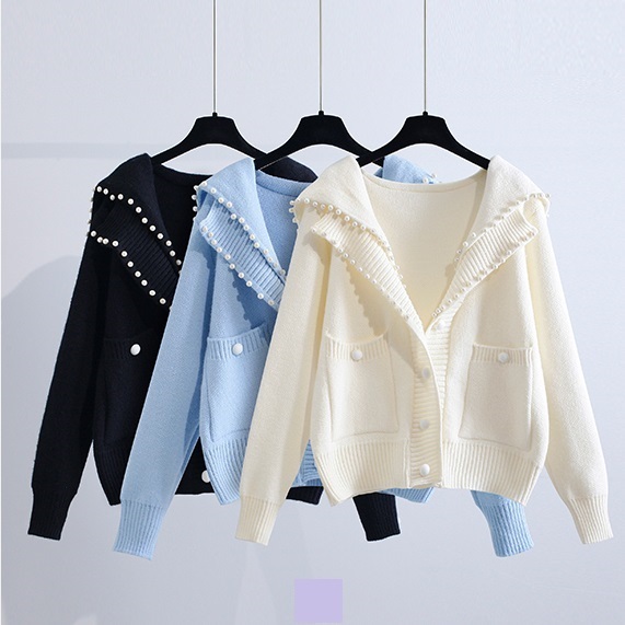 レディース パールセーラーカラー リブ デザイン カーディガン Vネック 長袖 ポケット付き 3色 大人可愛い ママコーデ ママファッション 韓国系 オルチャン 人気 トレンド 新作 20代 30代