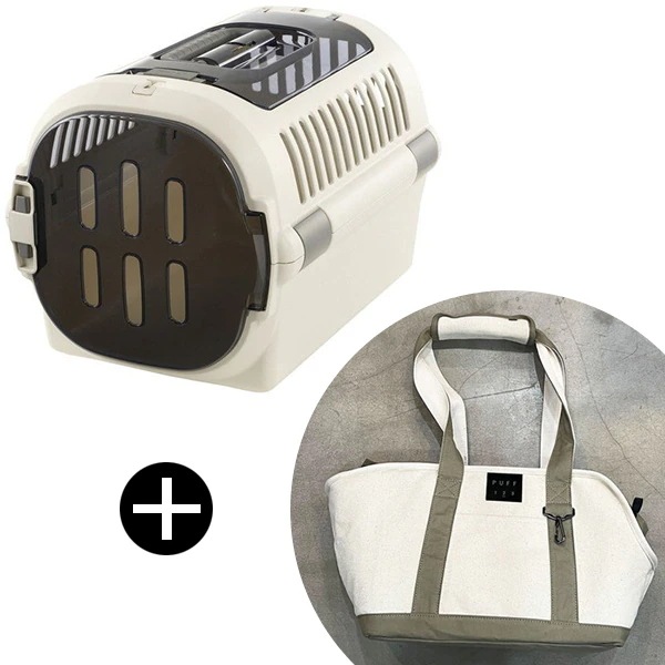 キャンピングキャリーファイン ダブルドア M アイボリー + PUFF pet carry canvas tote L P24004-21 ベージュ ペットキャリー セット