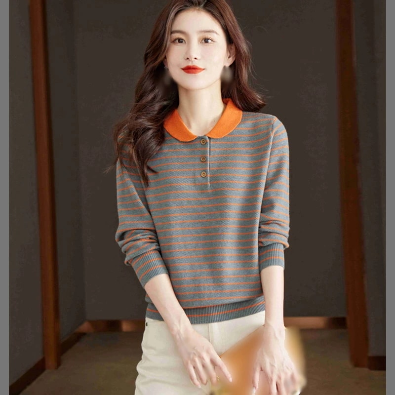 2000円 ボーダー柄 セーター 秋 プルオーバー ニット レディース ラペル トップス カットソー ストライプ 丸首 七分/長袖 大きいサイズ 体型カバー ゆるニット 秋 ニットソー プルオーバー