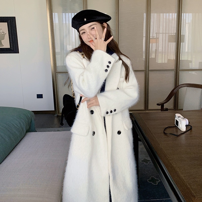 白スリムウールコートレディース春と秋新作韓国ダブルブレストルーズロングウールコートジャケット 7,228円