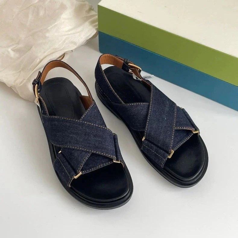 厚底サンダル レディース 夏デニムクロス厚底ローマンサンダルレディース夏アウターはレトロ本革サンダル 韓国 ビーチサンダル 美脚 スポーツリボンサンダル