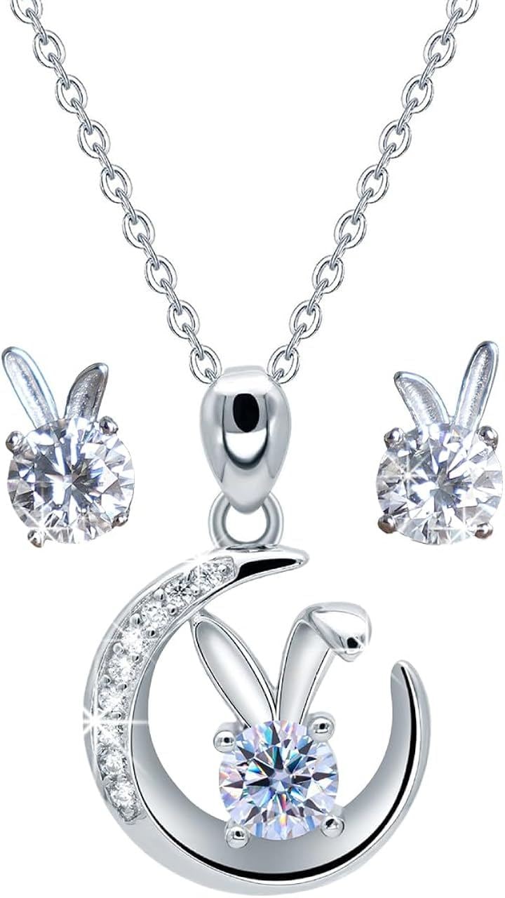ネックレス レディース ジュエリー モアッサナイト ペンダント 0.5ct シルバー925 ギフト 人気 (Colorgrade：D(月うさぎネックレス・ピアスセット), 0.5ct)