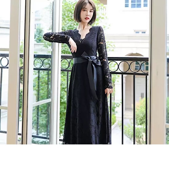 【取寄：納期2週間】結婚式ドレス レース ウエストリボン ハイウエスト Vネック シースルー 発表会 演奏会 レディース フレアドレス 結婚式 ステージ衣装 ロング丈 エレガント