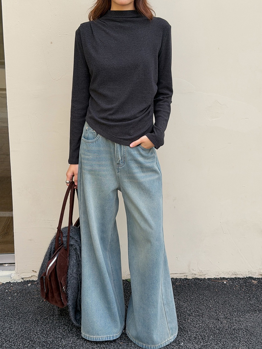 [Fashionable with Velvet] Geming High Waist Jeans Women s Winter New Commuting A-Line Wide Leg Pants