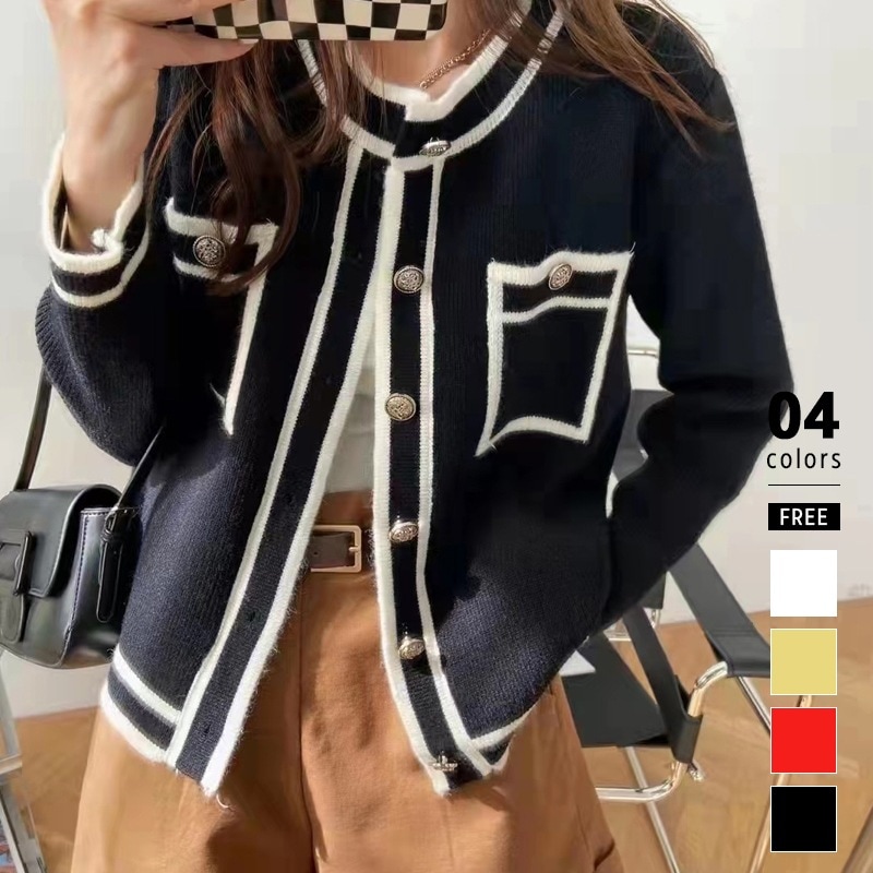 [迅速な配達][限時割!引!]カーディガン レディース ニットカーディガン 長袖 ニット アウター 配色 パイピングニット クロップド 羽織 羽織も ゆったり クルーネック 柔らかい 重ね着 オフィス