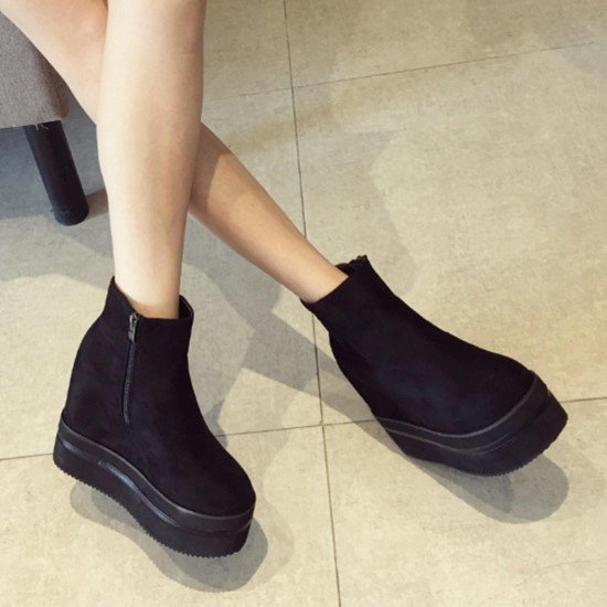 【取寄：納期2週間】ショートブーツ レディース ブーツ 靴 シューズ ブラック 黒 シンプル 無地 サイドジッパー 秋冬 厚底 スエード カジュアル お出掛け おしゃれ ラウンドトゥ 履きやすい