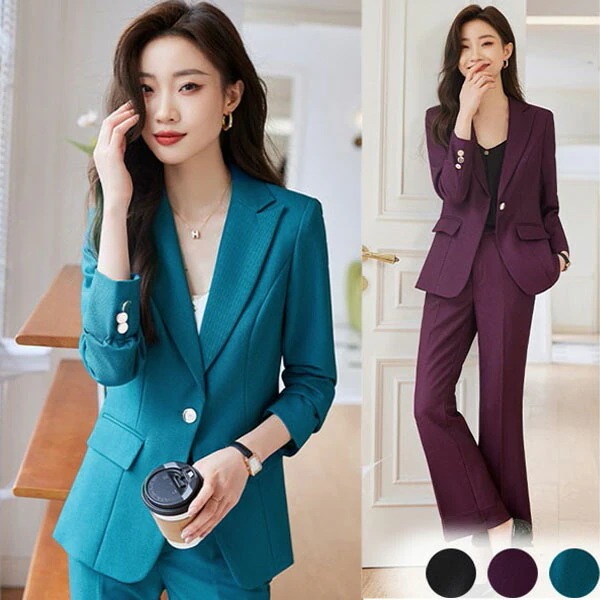 今だけ！スーツ レディース 大きいサイズ 通勤 事務服 就活 就職活動 面接 仕事着 フォーマル 上下セット 長袖 オフィス ビジネス 事務服 制服 おしゃれ 無地 黒 紫色 青 大きいサイズ S M