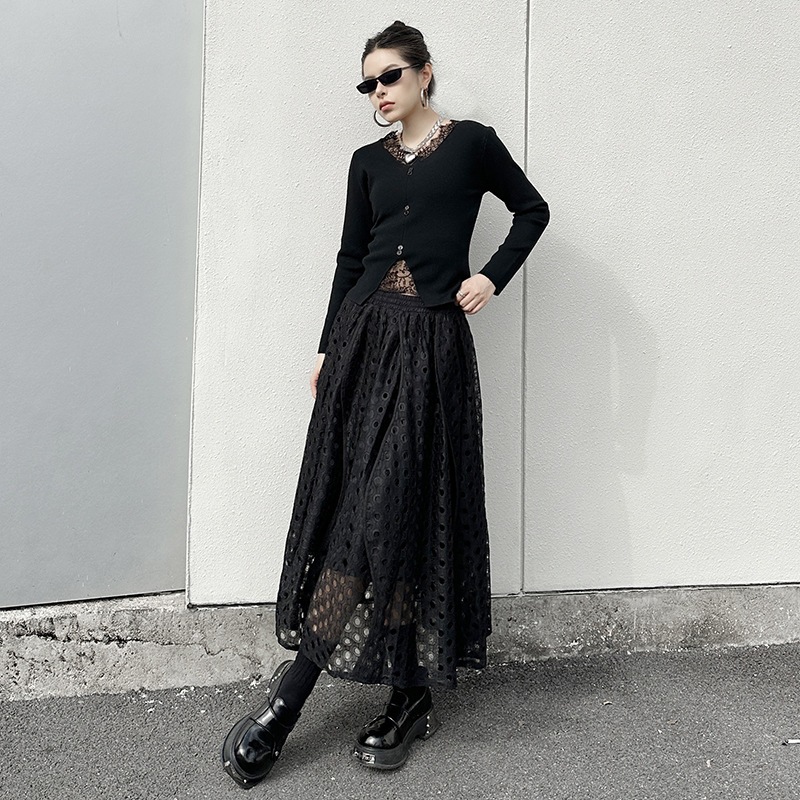 【J.Fashion】 レース スカート おしゃれ 透かし彫り 個性的なデザイン レディース ロングスカート メガ割