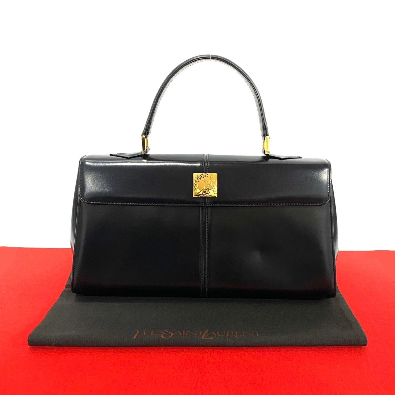 ヴィンテージ YSL ロゴハンドバッグ カーフ レザー ブラック 87696