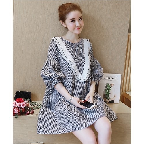 1112．チェック柄バルーンスリーブミニワンピース（ブラック）