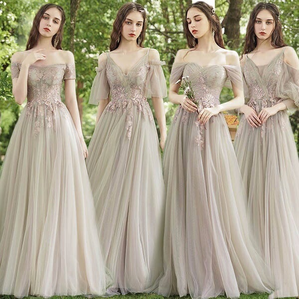 ブライズメイド ドレス ロングドレス 演奏会 ドレス パーティードレス 大きいサイズ ピアノ 発表会 袖あり 袖付き バルーン袖 ポワン袖 体型カバー 半袖 フリル オフショルダー 二次会 花嫁 結婚