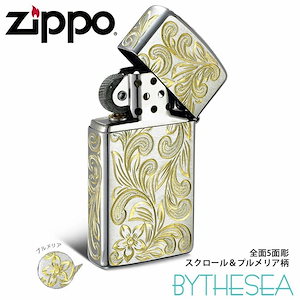 Zippo ライター ジッポライター 真鍮 クロムサテーナ クロムメッキ スリムタイプ ＆プルメリア模様 5面手彫り ハワイアンジュエリー おしゃれ かっこいい ジッポーライター FL104C