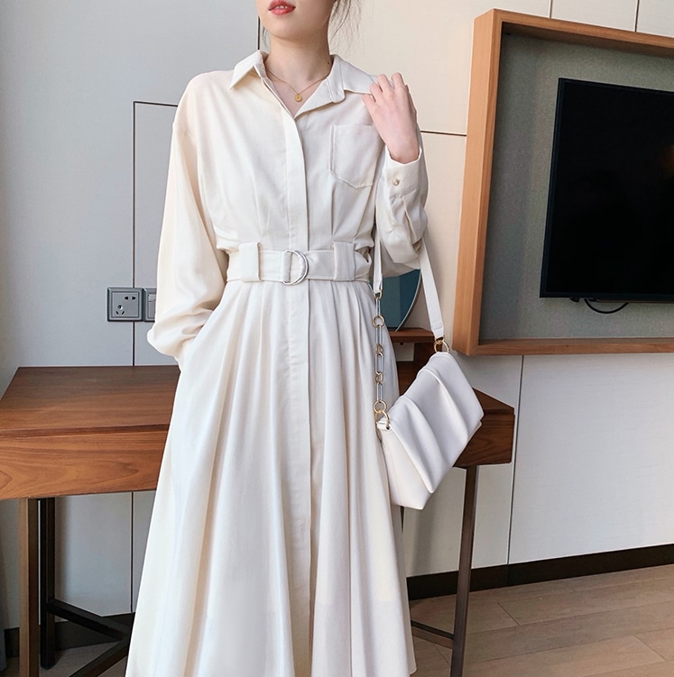 ワンピース シャツワンピース ミモレ丈 袖あり 長袖 ボリューム袖 ポロ襟 プリーツ ベルト ウエストマーク かわいい 大人可愛い きれいめ シンプル カジュアル 大人 上品 おしゃれ 大人可愛い