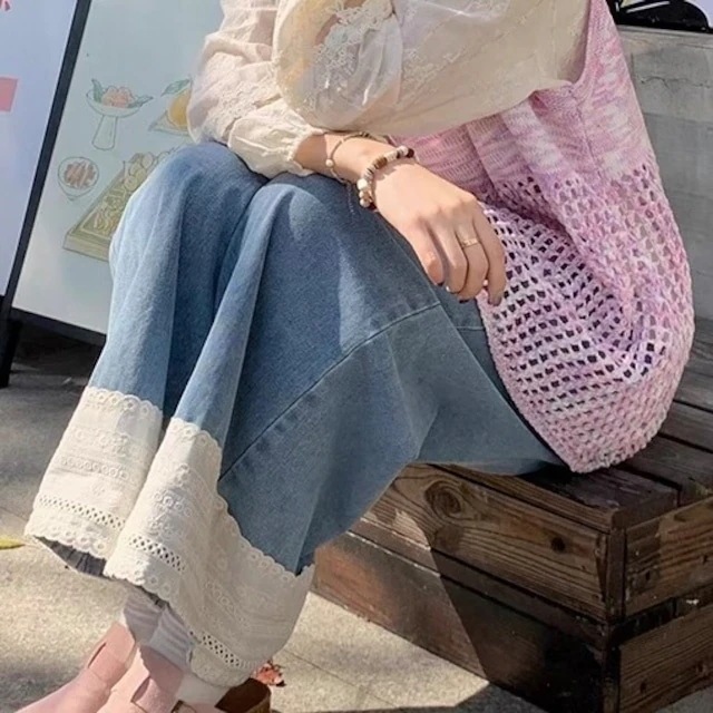 24パンツ デニム ジーンズ ワイド ストレート レース ハイウエスト 脚長効果 美脚効果 細見え ブルー 青 カジュアル おしゃれ かわいい シンプル ファッション レディース お
